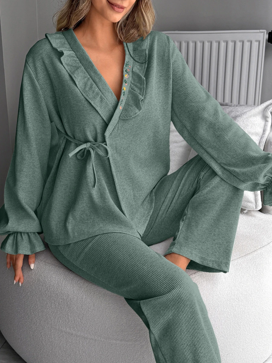 SHEIN Long Sleeve Embroidery On The Collar And Front Tie Detailed Casual Dusty Pink Lounge Set - Mint Green - View 1