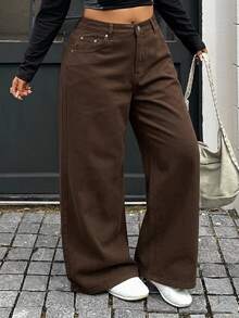 Dazy Plus Loose Fit Solid Color Street Casual Curved Leg Long Jeans With Rivet Design, Spring/Autumn/Winter - Brown - View 6
