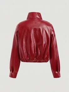 SHEIN 青少年女孩純色PU皮革拉鍊休閒百搭日常長袖夾克 - 紅色 - 查看 4