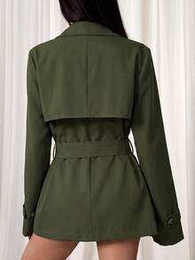 SHEIN EZwear 秋冬雙排扣收腰中長款風衣 - 軍綠色 - 查看 2