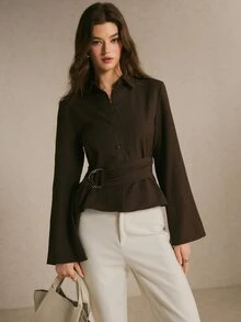 Poéselle Women's Solid Color Long Sleeve Single-Breasted Waist Buckle Design Elegant Blouse - Brown - View 1