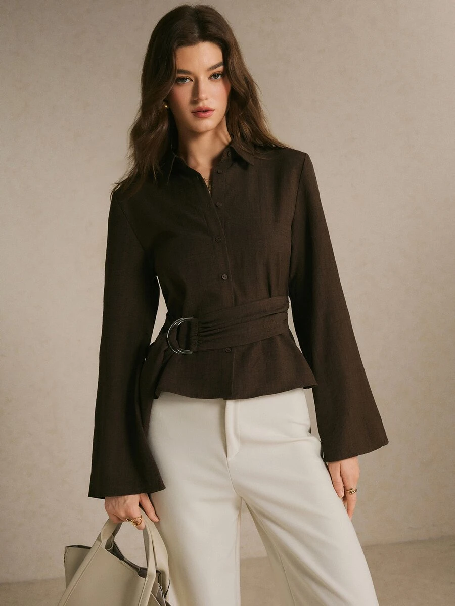 Poéselle Women's Solid Color Long Sleeve Single-Breasted Waist Buckle Design Elegant Blouse - Brown - View 1