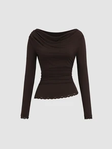 Sweetra Minimalist Knitted Patchwork Lace Long Sleeve T-Shirt And Versatile Casual Maxi Skirt Set - Coffee Brown - View 8