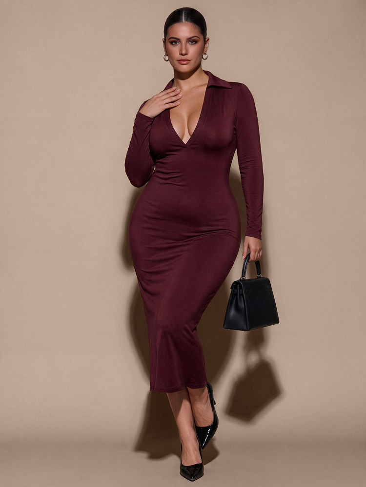 SHEIN BAE CURVE 大尺碼女款葡萄紫 Polo 領中長洋裝 - 紫色 - 查看 2