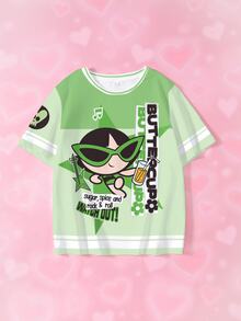 THE POWERPUFF GIRLS X SHEIN Tween Girl Letter Cartoon Print Casual Daily Short Sleeve T-Shirt - White - View 1