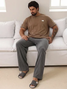 DAZY Summer Solid Color Label T-Shirt & Men's Loungewear Set - Camel - View 5