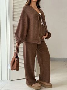 SHEIN Fall Maternity Solid Color Front Tie Drop Shoulder Long Sleeve Jacket And Adjustable Waist Wide Leg Pants Casual Loose Fit 2 Pieces Set Brown - Brown - View 4