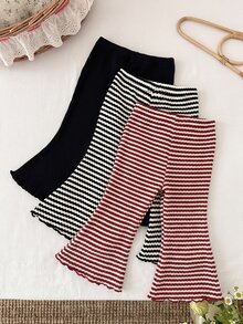 SHEIN LMoss Kids LMoss 3件組女嬰針織純色條紋休閒喇叭褲套裝 - 酒紅色 - 查看 2