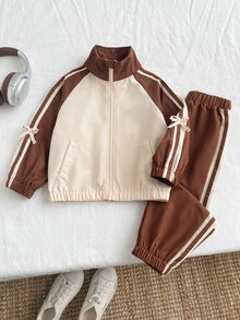 SHEIN 女童 2 件套，可愛蝴蝶結長袖立領修身夾克 + 長褲，適合生日派對，秋季休閒穿搭 - 棕色 - 查看 1