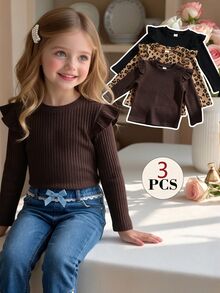 SHEIN 3件組女童幼兒秋冬時尚嬰兒粉 + 經典純黑色荷葉袖圓領長袖基礎層T恤返校上衣 - 彩色 - 查看 9