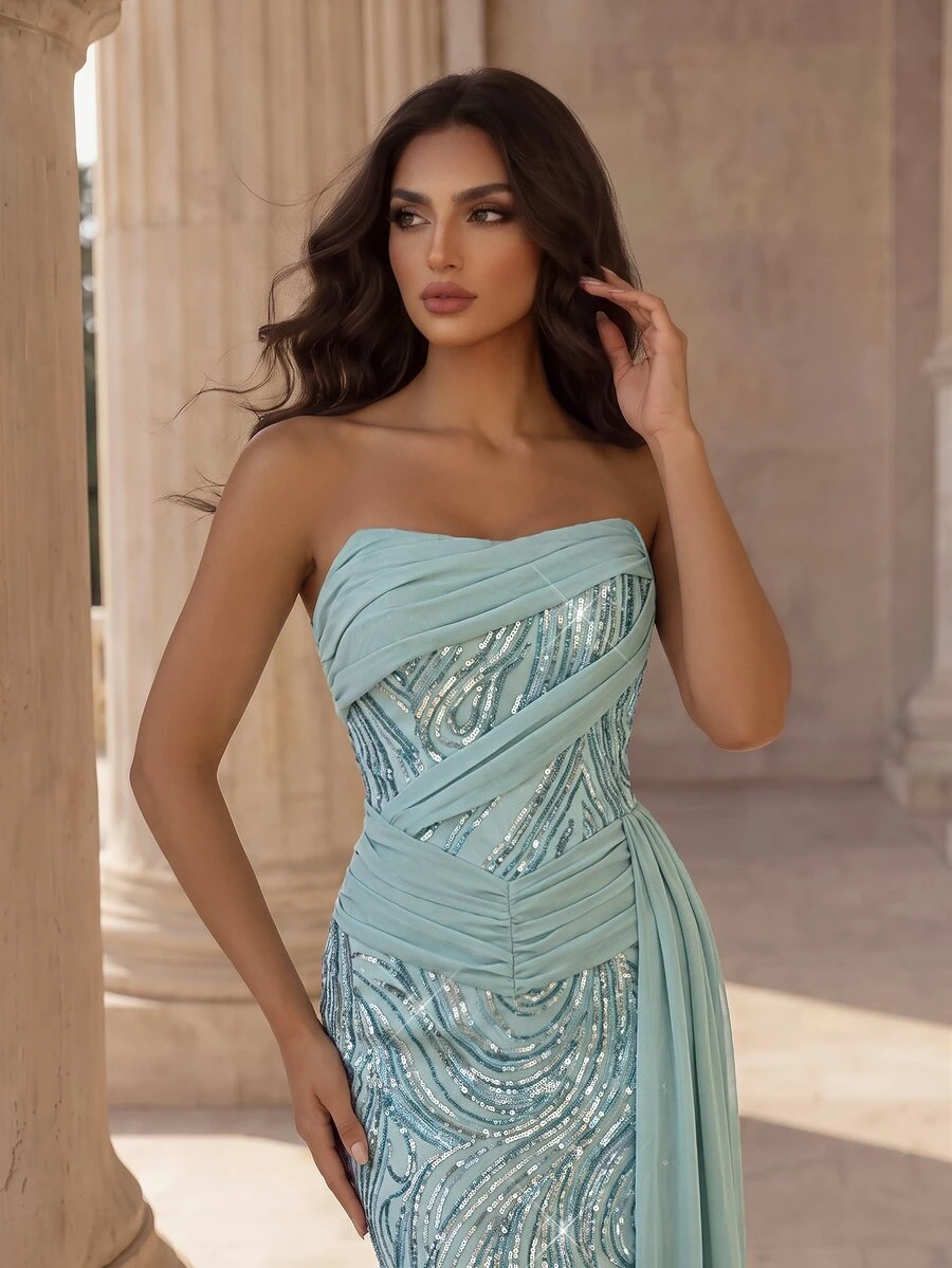 Coutiva Women's Patchwork Sequin Pleated Design Fashionable Elegant Strapless Evening Gown - Green - View 1