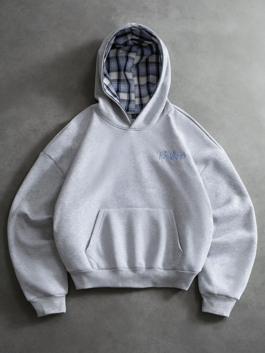 Manfinity Hypemode 男士連帽衫,刺繡與拼色設計,寬鬆版型,男士秋冬長袖連帽衫,衛衣布料,休閒舒適百搭,適合外出、通勤、街拍、旅行、度假、日常穿著等 - 灰色 - 查看 1
