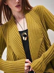 SHEIN Women's Knit Cardigan Draped Asymmetrical Ribbed Knit Large Lapel Open Front Elegant Mustard Yellow Solid Fall Sweater Cardigan For Women Thanksgiving - Mustard Yellow - View 3
