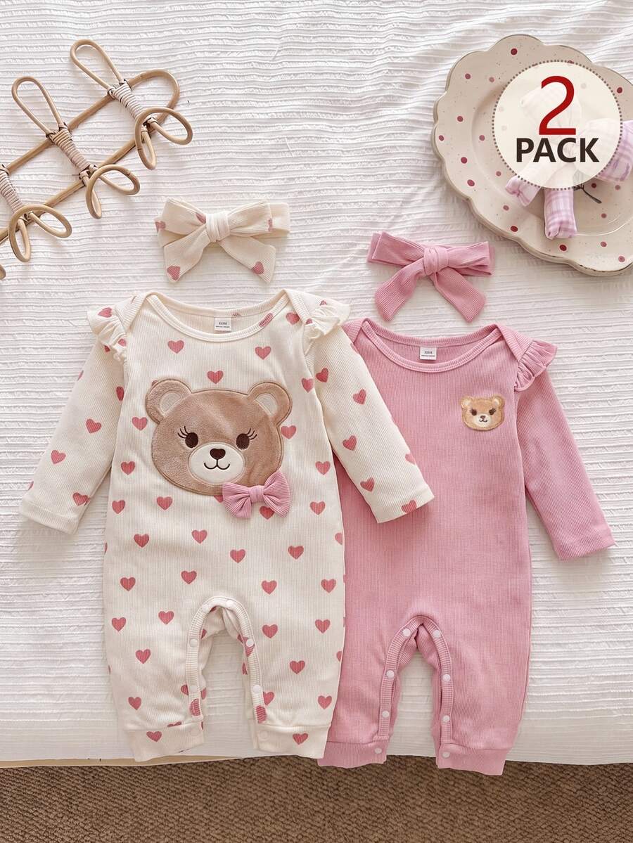 SHEIN 2 Pack Baby Girls Romper Jumpsuit Sweet Pink Cream Bear Heart Print Ruffle Bow Long Sleeve Round Neck Regular Holiday Fall Princess Cozy Ribbed - Baby Pink - View 1