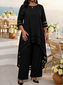 SHEIN Lady Plus Size Women's Contrast Mesh High-Low Hem Top And Pants Casual 2 Pieces Set - Multicolor - View 4
