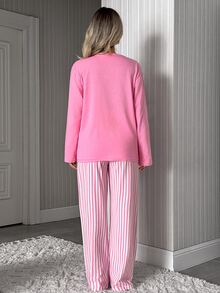SHEIN Women's ''JUST ONE MORE EPISODE'' Printed Shirt And Striped Wide Leg Pants Pajama Set, Cute, P - Pink - View 2