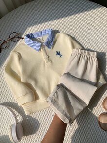 SHEIN 2件組男嬰秋冬休閒卡通恐龍圖案對比色襯衫領長袖套頭上衣與鬆緊腰長褲套裝，Polo套裝，襯衫套裝，衛衣套裝，正式套裝，嬰兒套裝 - 彩色 - 查看 8