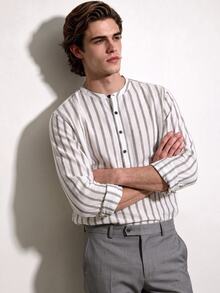 Manfinity Dauomo Men's Striped Long Sleeve Button Half Placket Casual Shirt - Beige - View 5