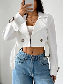 SHEIN EZwear 女款缺口領前開鈕扣長袖短款風衣，適合秋冬日常休閒穿著 - 白色 - 查看 1