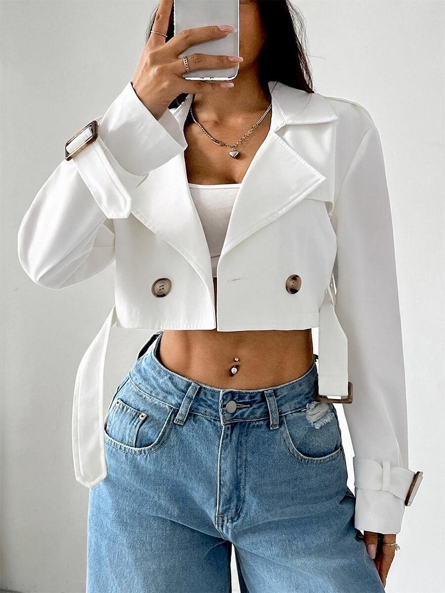 SHEIN EZwear 女款缺口領前開鈕扣長袖短款風衣,適合秋冬日常休閒穿著 - 白色 - 查看 1
