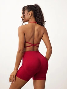 Dewbera Dewbera Seamless Yoga Sports Set Fixed Cup Non-Slip Yoga Sports Shorts - Red - View 1