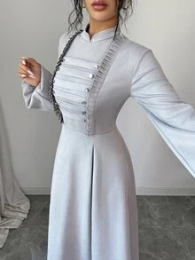 Yasmyna Women's Elegant Double-Breasted Long Sleeve Arabian Dress - Grey - View 4