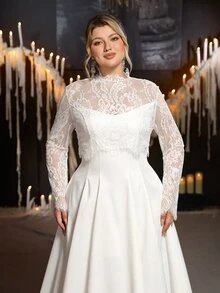 Glamrae فستان زفاف مقاس كبير أنيق رومانسي فاخر مزين بالخرز والدانتيل بتصميم مرقع من الساتان المطاطي بياقة واقفة 2 في 1 شفاف بأكمام طويلة ضيق بقصة A-Line مع ذيل - أبيض - مشاهدة 2