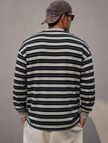 DAZY Spring/Autumn Black & Grey Striped Long Sleeve Ribbed Cuff Men's T-Shirt - Multicolor - View 2