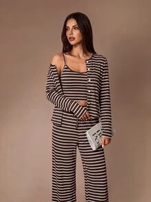 Lazeform Set Piyama Wanita Kasual Bergaris Cardigan + Celana Panjang Camisole - Coklat - View 6