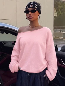 SHEIN EZwear 女款休閒粉色露肩寬鬆長袖衛衣，33%棉，女款反季服飾 - 淺藍色 - 查看 4