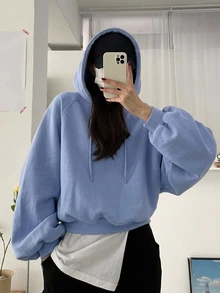 DAZY 女款純色連帽寬鬆短版運動衫 - 寶藍色 - 查看 3