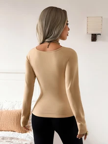 SHEIN EZwear 女款修身卡其色抓絨內裡長袖休閒T恤 - 杏色 - 查看 2