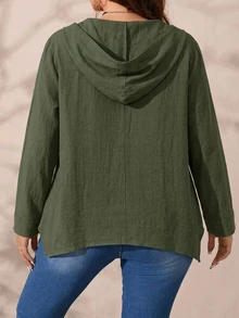 EMERY ROSE Plus Size Women's Lolicis Hooded Drawstring Long Sleeve Asymmetrical Hem Blouse Loose Casual Artistic Style Pullover Hoodie Fall - Army Green - View 4
