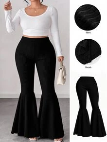 Rometta Plus Size High Elasticity Ribbed Slim Fit Flare Pants - Black - View 1