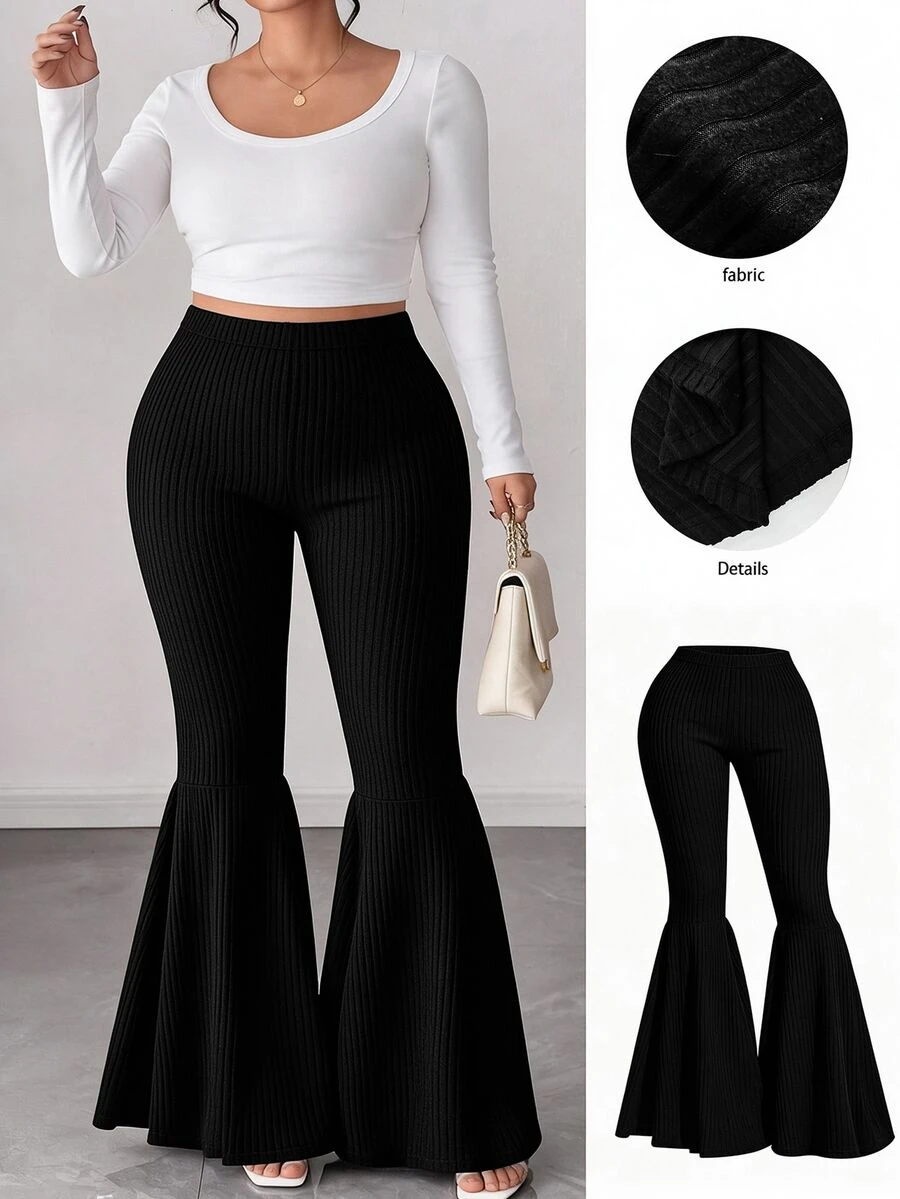 Rometta Plus Size High Elasticity Ribbed Slim Fit Flare Pants - Black - View 1