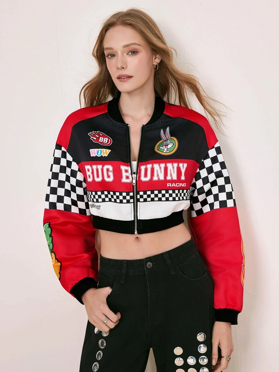 LOONEY TUNES X SHEIN Women's Letter Pattern Colorblock Casual Daily Long Sleeve Jacket - Red - View 1