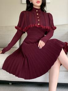 Feyla Women's Ribbed Long Sleeve Sweater Dress With Button Cropped Cardigan 2 Pieces Set - Burgundy - View 3
