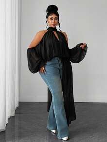 Maweii Plus Size Women's Solid Color Cold Shoulder Casual Daily Wear Blouse - Black - View 5