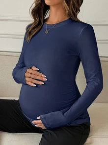 Dazy Maternity 純色修身圓領長袖休閒柔軟度假韓風春秋孕婦T恤 正式拍照用 白色 - 藏蓝色 - 查看 5