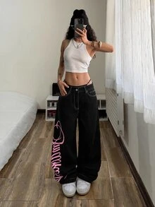 StreetHx 女款休閒日常旅行牛仔褲，附口袋、鈕扣與字母圖案 - 黑色 - 查看 6