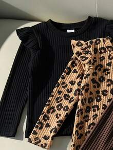 SHEIN 3件組女童幼兒秋冬時尚嬰兒粉 + 經典純黑色荷葉袖圓領長袖基礎層T恤返校上衣 - 彩色 - 查看 8