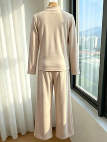 Selianne Women's Thermal Lined Warm Long Sleeve 2 Pieces Set - Apricot - View 2