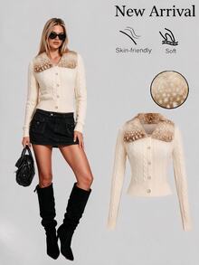 Sweetra Sweet Cool Style Leopard Print Faux Fur Collar Cable Knit Cardigan - Beige - View 6
