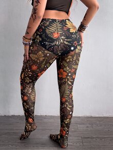 Whyspr Plus Size Women's All-Over Print Casual Versatile Daily Wear Tight-Fitting Leggings With Socks - Multicolor - View 4