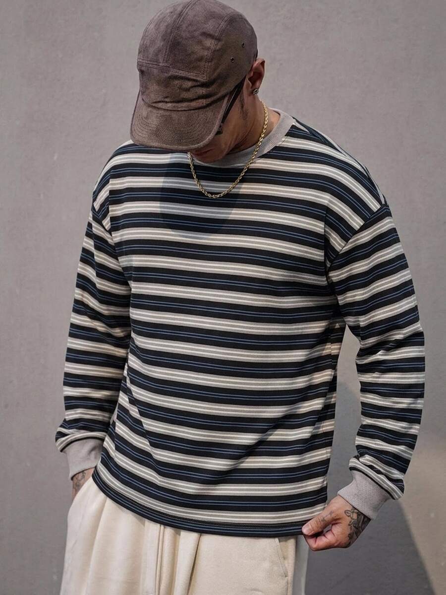 DAZY Spring/Autumn Black & Grey Striped Long Sleeve Ribbed Cuff Men's T-Shirt - Multicolor - View 1