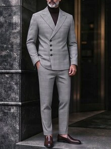 Manfinity Mode Men's Plaid Lapel Long Sleeve Single-Breasted Suit Set - Grey - View 1
