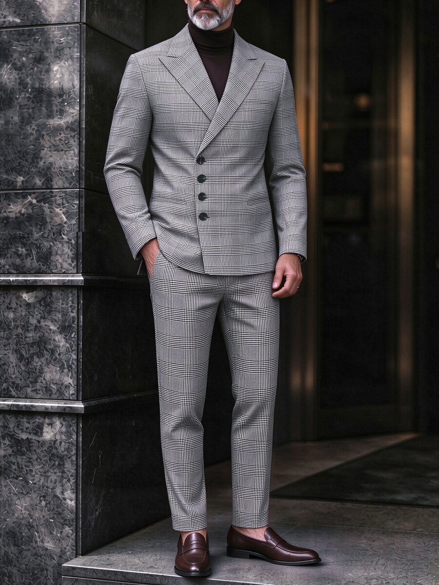 Manfinity Mode Men's Plaid Lapel Long Sleeve Single-Breasted Suit Set - Grey - View 1