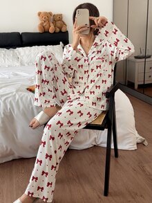 Napfluff طقم بنطلون بأكمام طويلة وياقة مطرزة وجيب بفيونكة لطيف وكاجوال - متعدد الألوان - مشاهدة 1