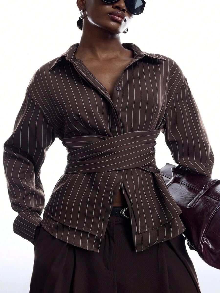 LYSMO Plus Size Women's Autumn/Winter Striped Button Long Sleeve Shirt - Multicolor - View 1