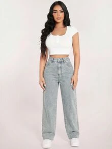 SHEIN PETITE 女款高腰口袋寬腿寬鬆休閒牛仔褲 - 藍色 - 查看 4